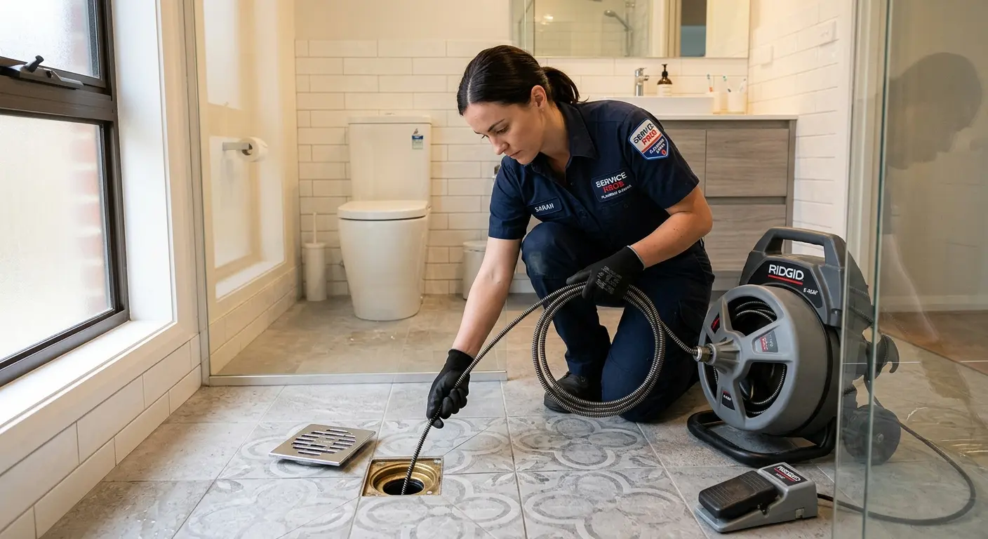 Technician clearing a bathroom floor drain for Drain Repair in Canton